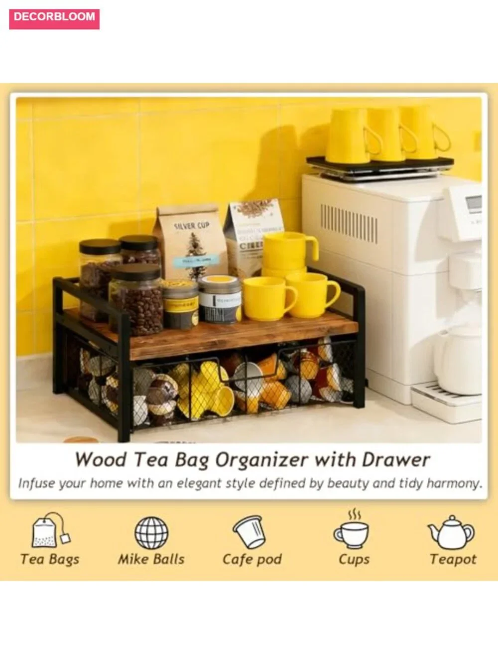 Tea Bag Organizer with Drawer Natural Wood & Metal 8 Compartments with Hooks